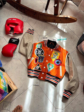 First Row Patches Varsity Jacket Kids Orange Color Block Varsity Jacket